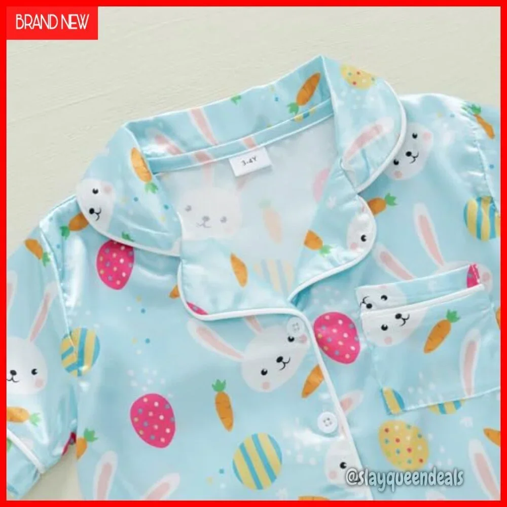 Toddler Easter Bunny Silk Pajama Set Short Sleeve Button Shirt Lounge Shorts